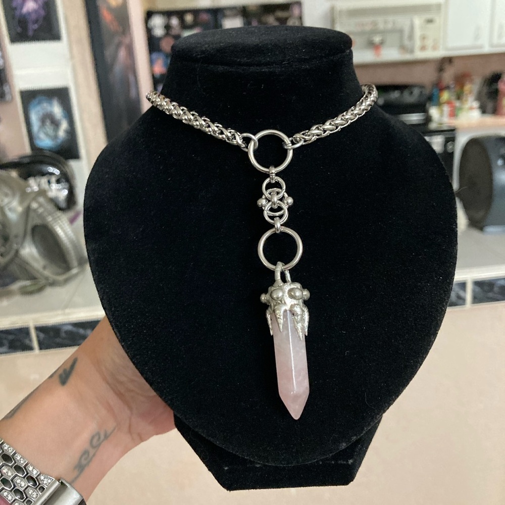 Genuine rose quartz bullet stainless steel maille celtic knot lariat Y necklace - Picture 10 of 16